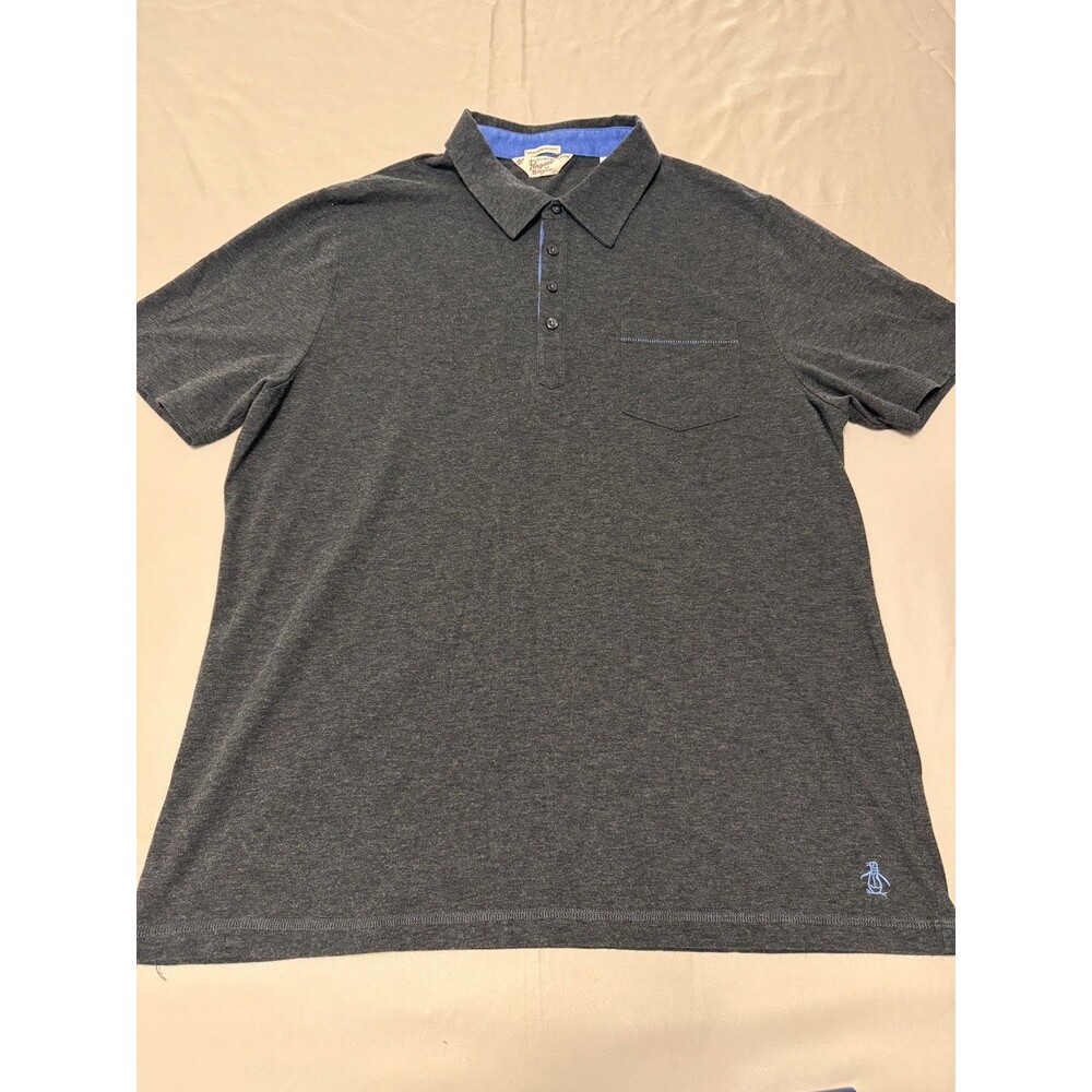 Penguin Men Polo Shirt Short Sleeve Size XXL Gray Blue Logo Casual Preppy